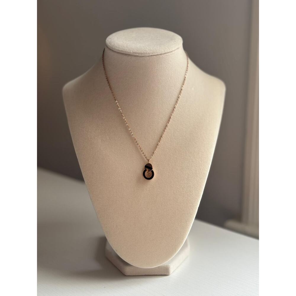 Rose Gold Necklace Round Pendant Minimal Black Detail Stainless Steel - Picture 6 of 9